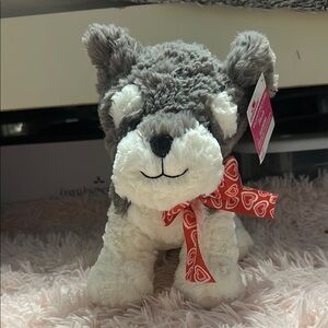 Gray and White Plush Dog with Heart Bow